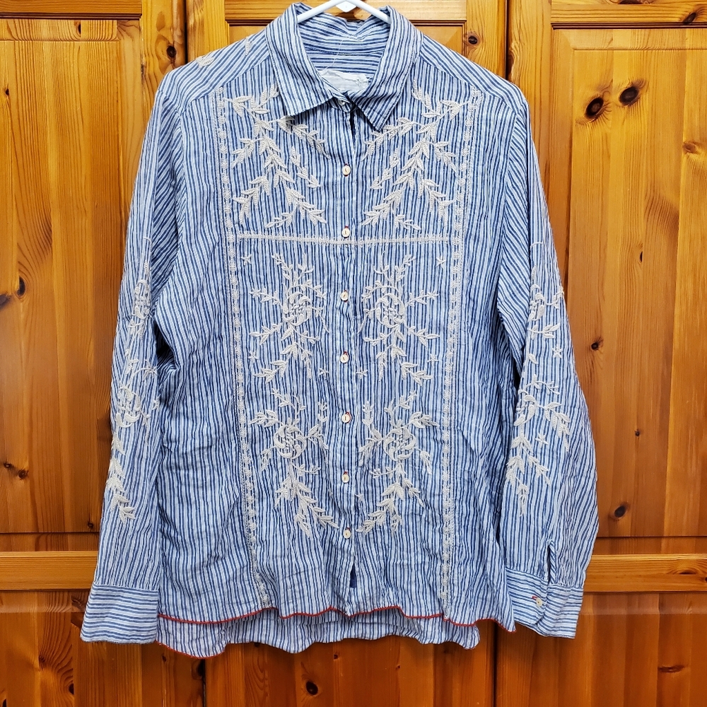 Johnny Was stripe embroidered shirt XL